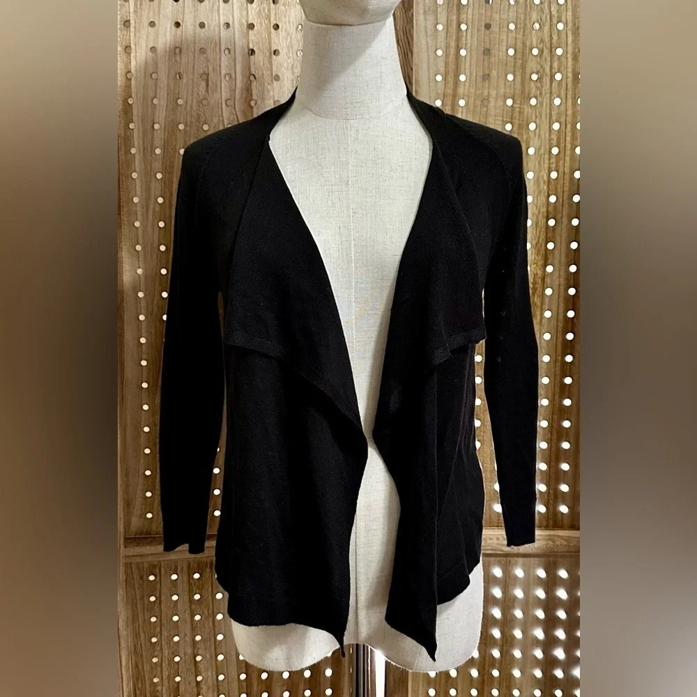Worthington Black Waterfall Open Cardigan Lightweight Asymmetric 3/4 Sleeve